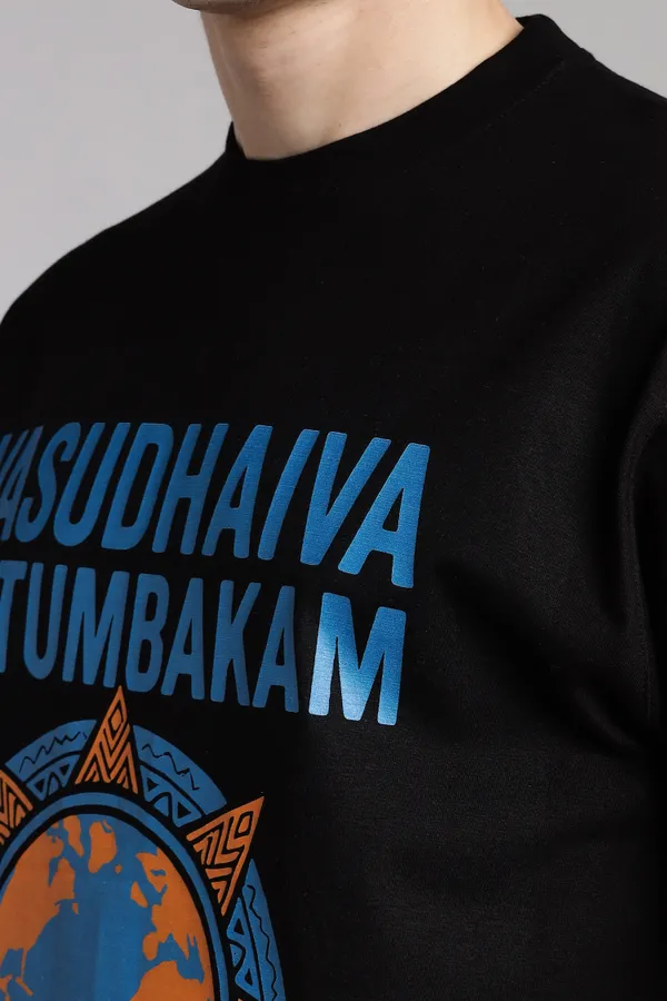 Black_Cotton_Oversized_Vasudhaiva_Kutumbakam_T-Shirt