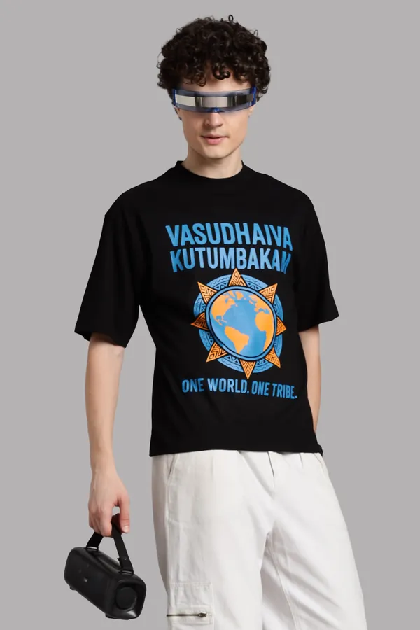 Black_Cotton_Oversized_Vasudhaiva_Kutumbakam_T-Shirt