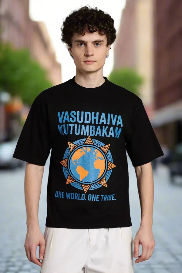Black_Cotton_Oversized_Vasudhaiva_Kutumbakam_T-Shirt