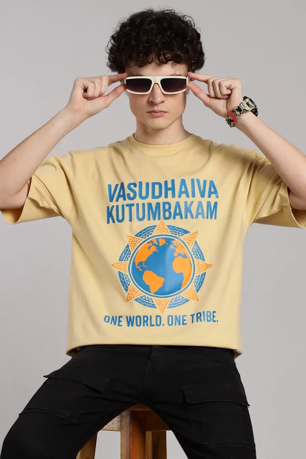 Beige_Cotton_Oversized_Vasudhaiva_Kutumbakam_T-Shirt