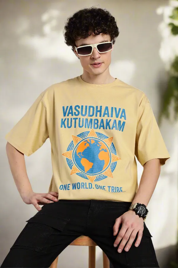 Beige_Cotton_Oversized_Vasudhaiva_Kutumbakam_T-Shirt