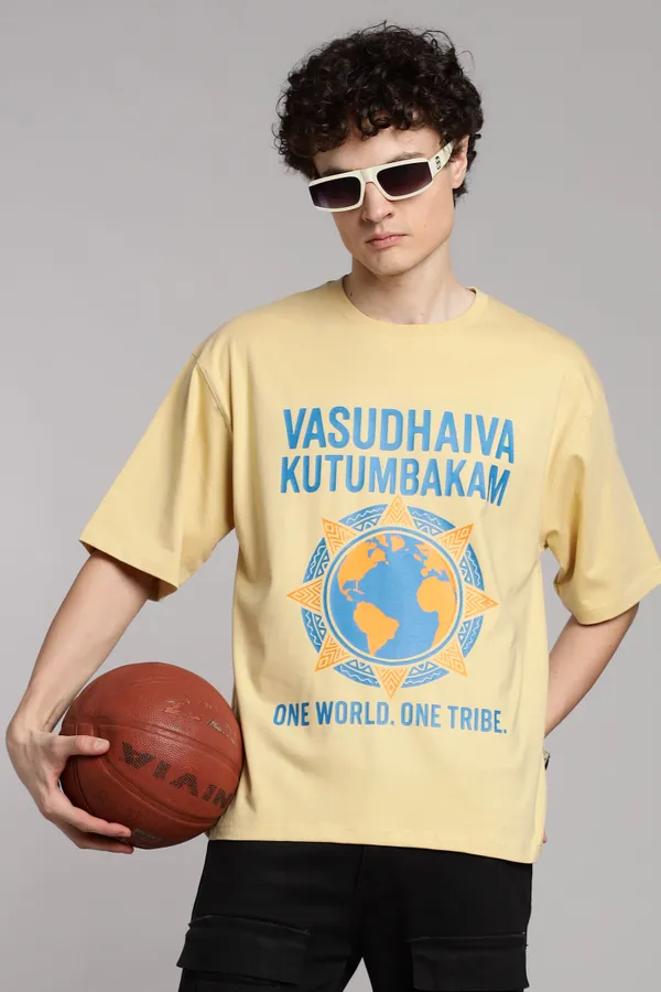 Beige_Cotton_Oversized_Vasudhaiva_Kutumbakam_T-Shirt