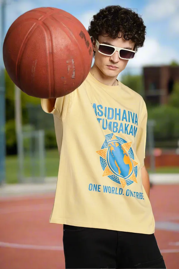 Beige_Cotton_Oversized_Vasudhaiva_Kutumbakam_T-Shirt