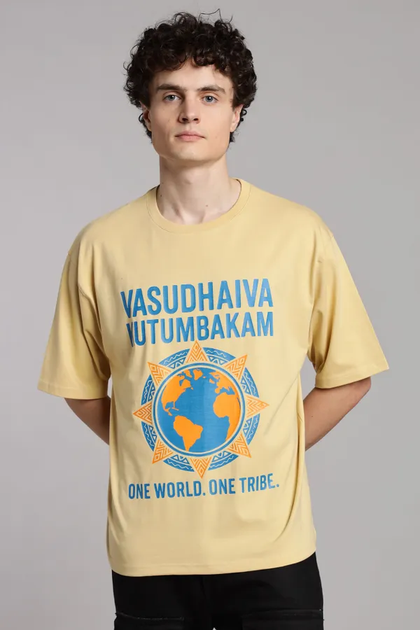 Beige_Cotton_Oversized_Vasudhaiva_Kutumbakam_T-Shirt