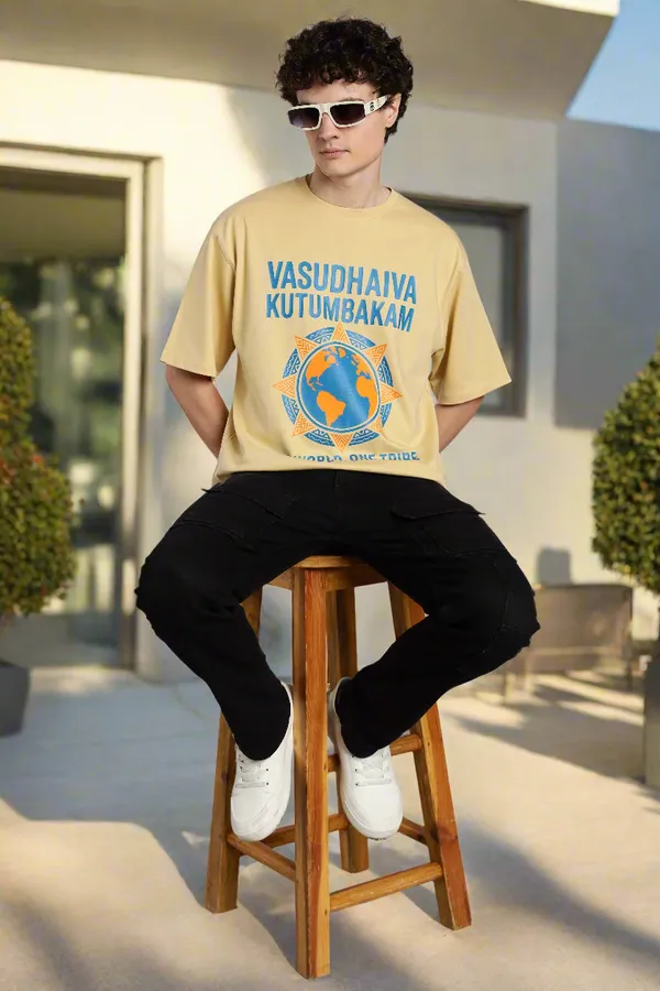 Beige_Cotton_Oversized_Vasudhaiva_Kutumbakam_T-Shirt