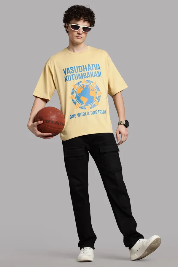 Beige_Cotton_Oversized_Vasudhaiva_Kutumbakam_T-Shirt