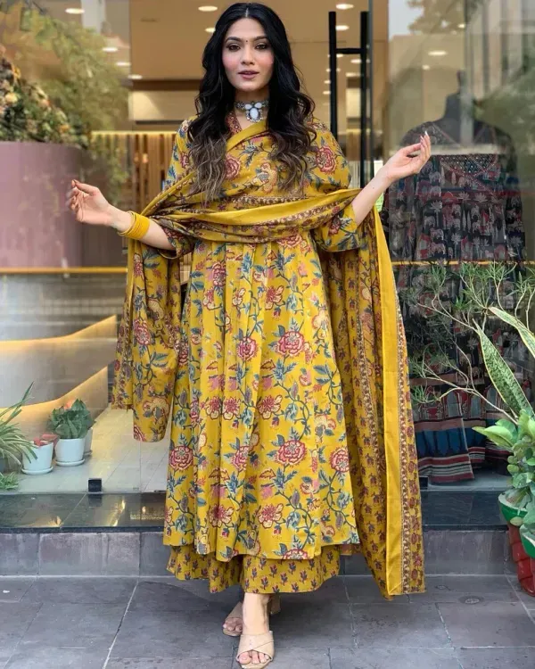 Mustard_Floral_Cotton_Anarkali_Kurti_With_Pant_Dupatta_Set_For_Women