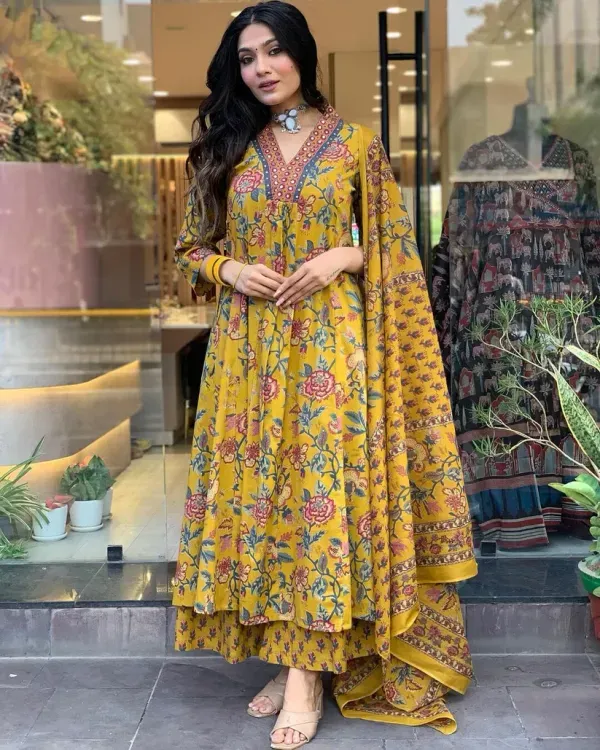 Mustard_Floral_Cotton_Anarkali_Kurti_With_Pant_Dupatta_Set_For_Women