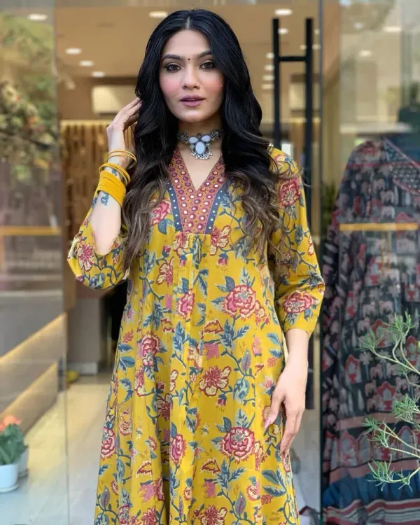 Mustard_Floral_Cotton_Anarkali_Kurti_With_Pant_Dupatta_Set_For_Women