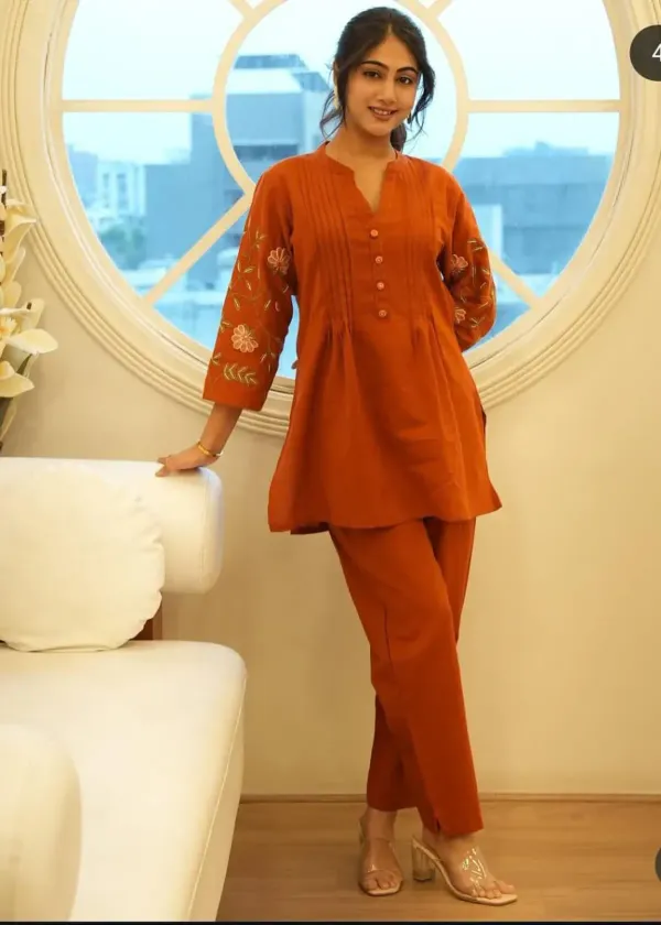 Rust_Orange_Embroidered_Cotton_Kurta_Set
