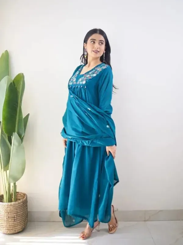 Teal_Blue_Mirror_Embroidered_Kurta_Pant_Set_With_Dupatta