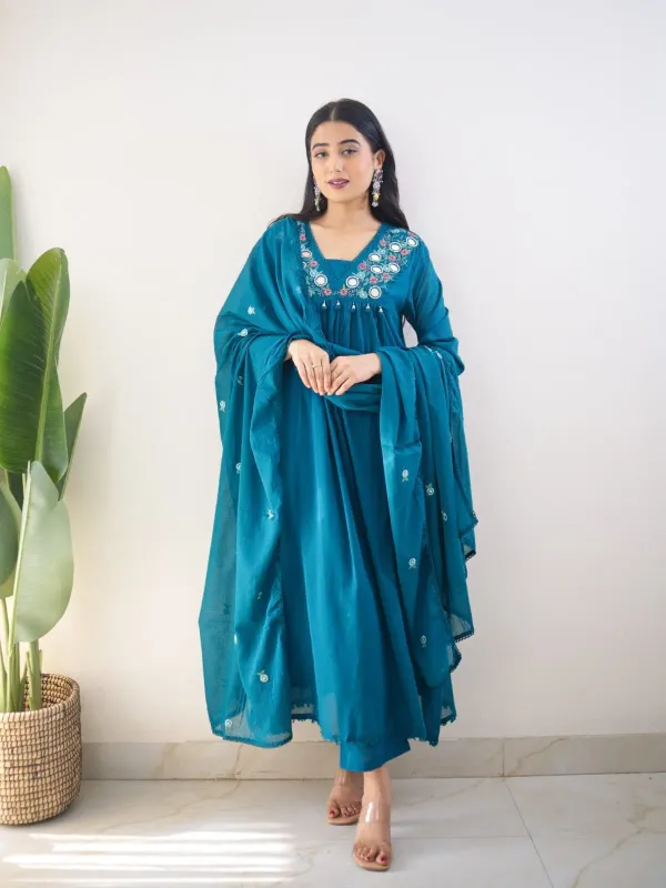 Teal_Blue_Mirror_Embroidered_Kurta_Pant_Set_With_Dupatta