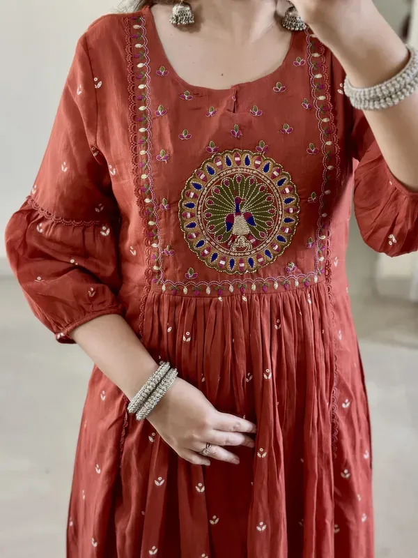 Rust_Embroidery_Mul_Cotton_Kurti_With_Pant_Dupatta_Set_For_Women