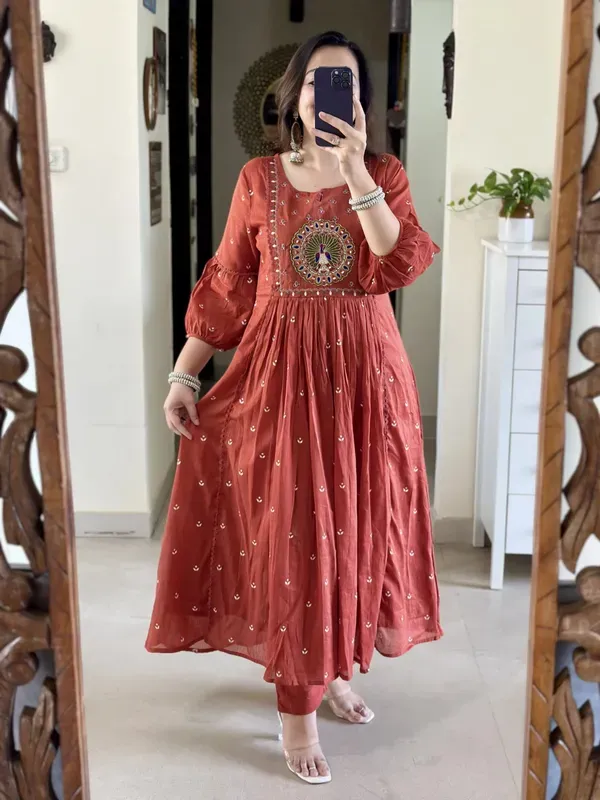 Rust_Embroidery_Mul_Cotton_Kurti_With_Pant_Dupatta_Set_For_Women