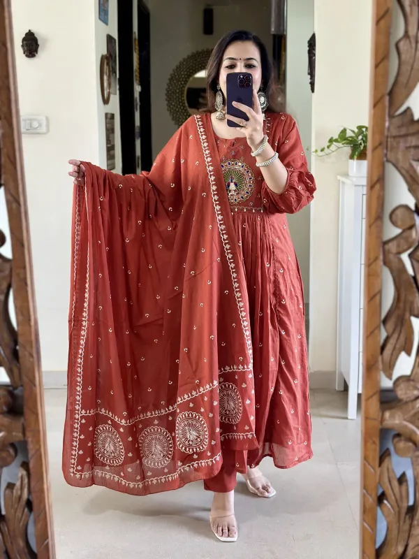 Rust_Embroidery_Mul_Cotton_Kurti_With_Pant_Dupatta_Set_For_Women