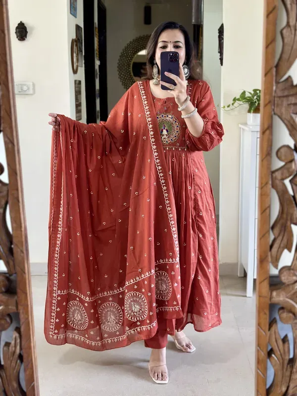 Rust_Embroidery_Mul_Cotton_Kurti_With_Pant_Dupatta_Set_For_Women