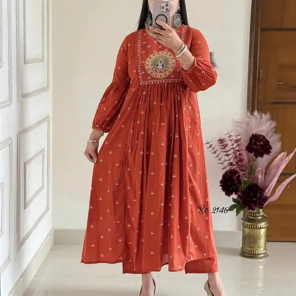 Rust_Embroidery_Mul_Cotton_Kurti_With_Pant_Dupatta_Set_For_Women