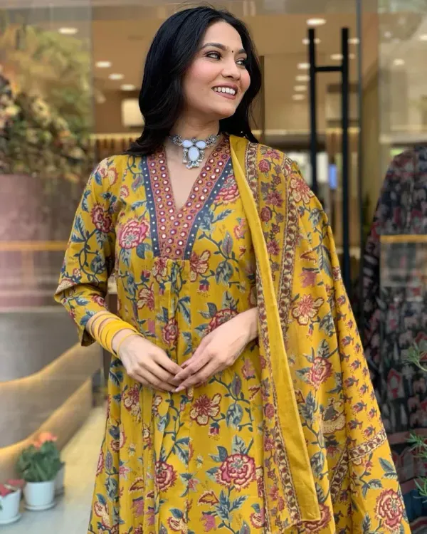 Mustard_Yellow_Floral_Printed_Anarkali_Suit_With_Dupatta