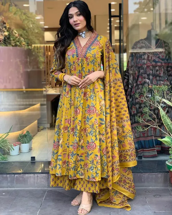 Mustard_Yellow_Floral_Printed_Anarkali_Suit_With_Dupatta