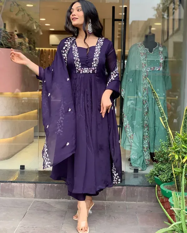 Purple_Cotton_Embroidery_Work_Cotton_Kurti_With_Pant_Dupatta_Set_For_Wo_More