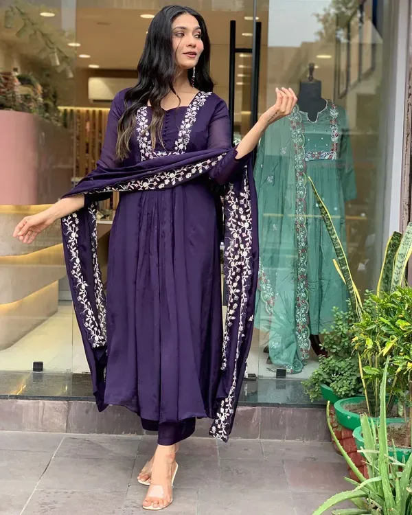 Purple_Cotton_Embroidery_Work_Cotton_Kurti_With_Pant_Dupatta_Set_For_Wo_More