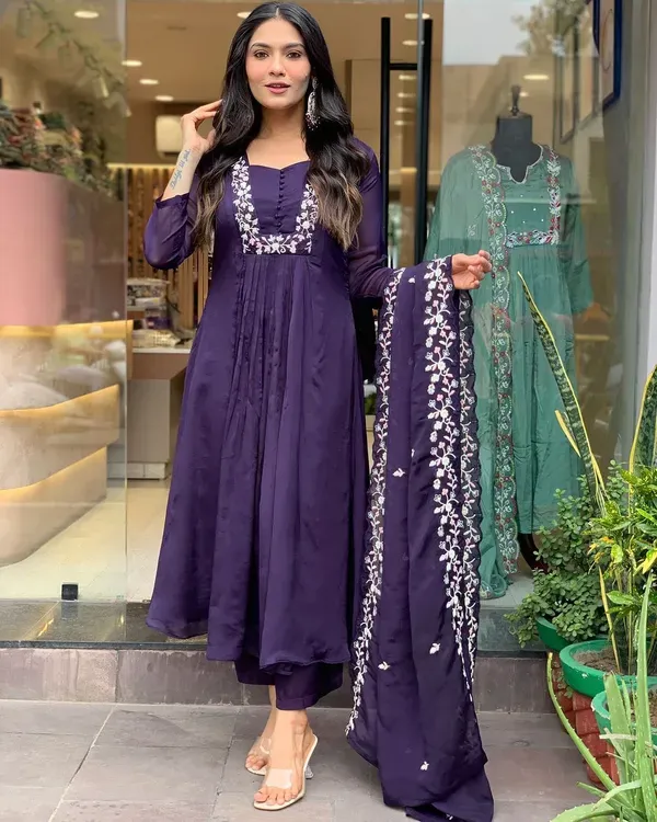 Purple_Cotton_Embroidery_Work_Cotton_Kurti_With_Pant_Dupatta_Set_For_Wo_More