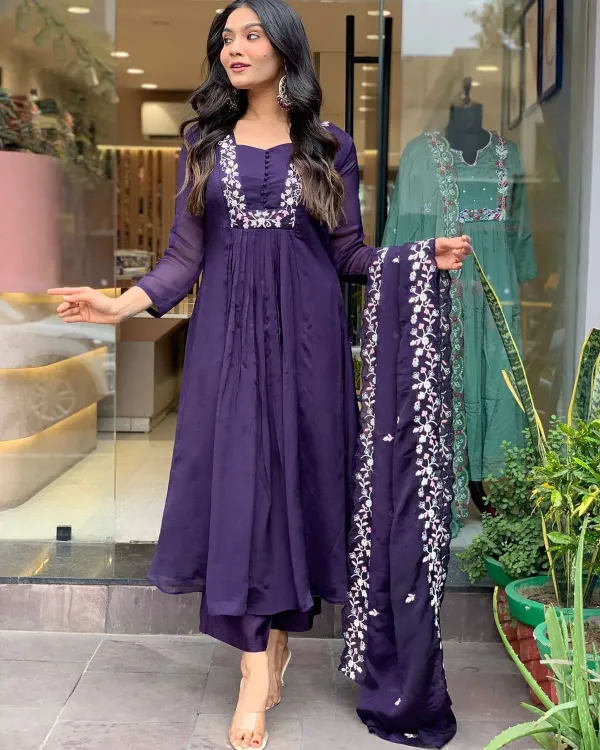 Purple_Cotton_Embroidery_Work_Cotton_Kurti_With_Pant_Dupatta_Set_For_Wo_More