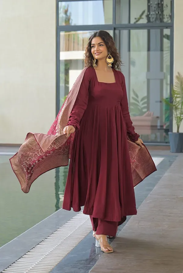 Elegant_Wine_Anarkali_Kurta_Set_With_Banarasi_Dupatta