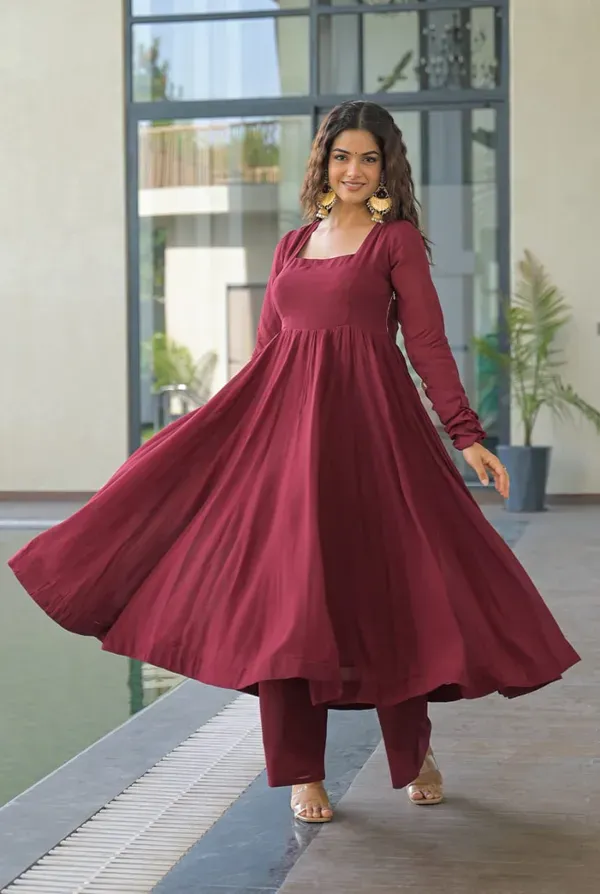 Elegant_Wine_Anarkali_Kurta_Set_With_Banarasi_Dupatta