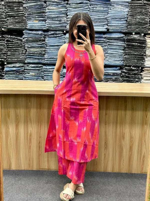 Vibrant_Pink_Orange_Ikat_Sleeveless_Kurta