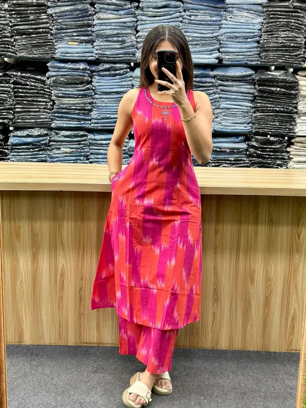 Vibrant_Pink_Orange_Ikat_Sleeveless_Kurta