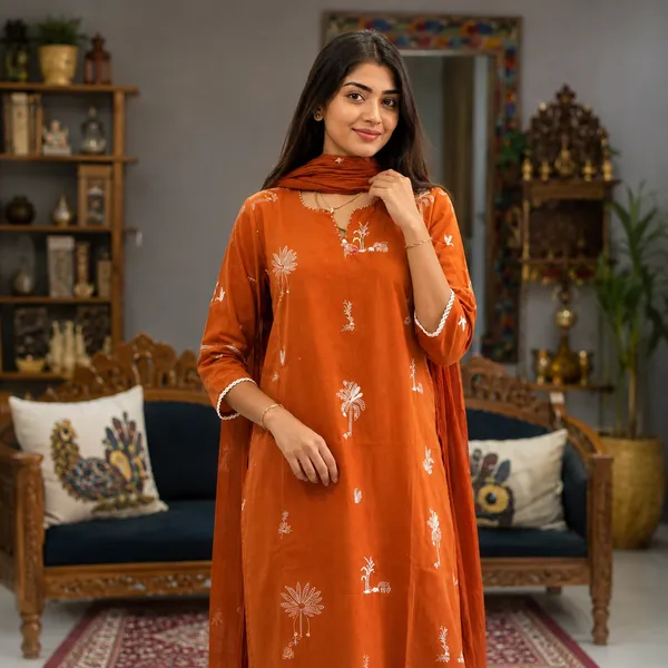 Orange_Cotton_Blend_Straight_Hand_Printed_Kurta_Set_With_Dupatta_For_Women
