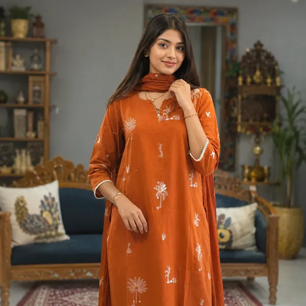 Orange_Cotton_Blend_Straight_Hand_Printed_Kurta_Set_With_Dupatta_For_Women