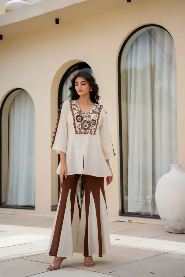 Ivory_Mocha_Brown_Embroidered_Co_Ord_Set_With_Flared_Palazzo_Pants