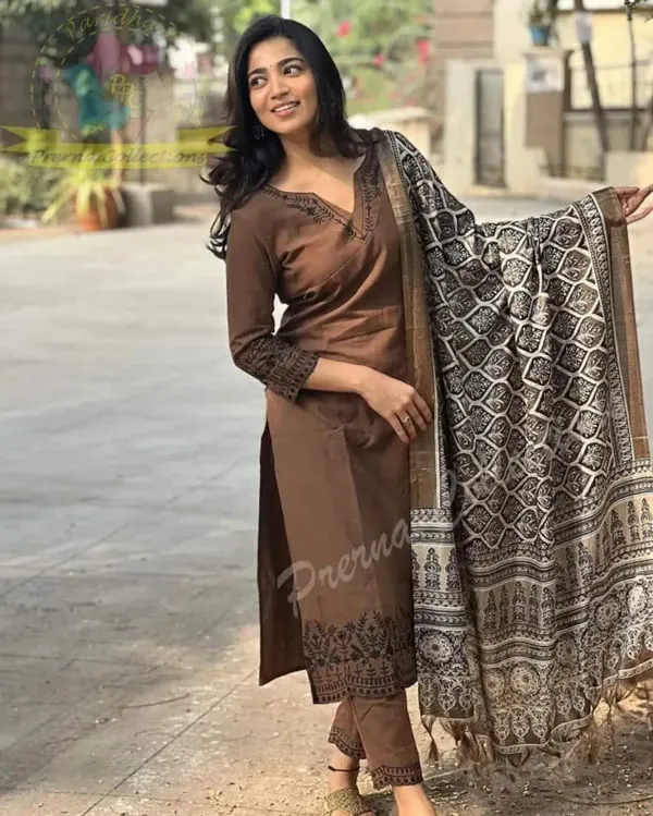 Coffee_Printed_Cotton_Kurti_With_Pant_Dupatta_Set_For_Women