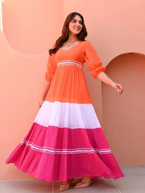 Stylish_Orange_Pink_Colorblock_Tiered_Maxi_Dress