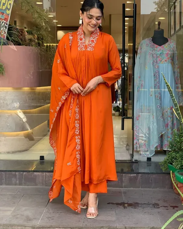 Orange_Embroidered_A_Line_Anarkali_Kurti_With_Pant_Dupatta_Set_For_Wome