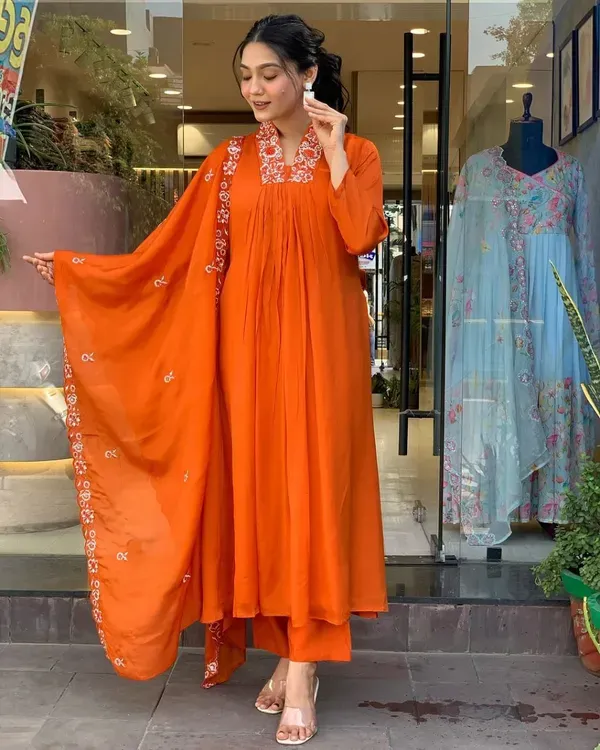 Orange_Embroidered_A_Line_Anarkali_Kurti_With_Pant_Dupatta_Set_For_Wome