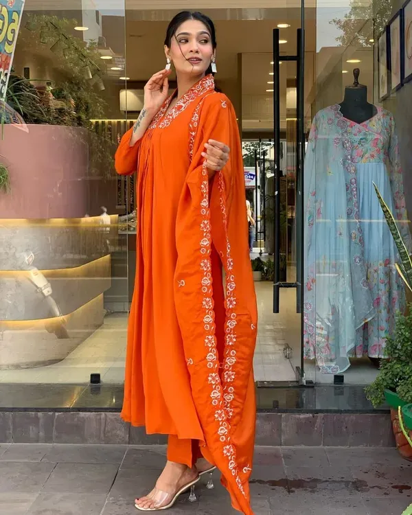 Orange_Embroidered_A_Line_Anarkali_Kurti_With_Pant_Dupatta_Set_For_Wome