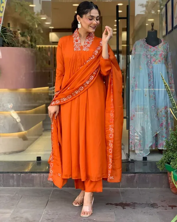 Orange_Embroidered_A_Line_Anarkali_Kurti_With_Pant_Dupatta_Set_For_Wome
