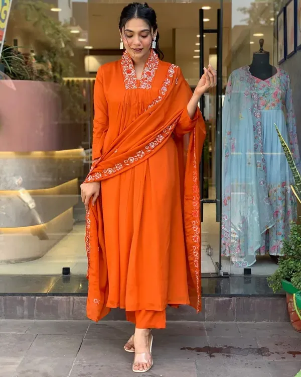 Orange_Embroidered_A_Line_Anarkali_Kurti_With_Pant_Dupatta_Set_For_Wome