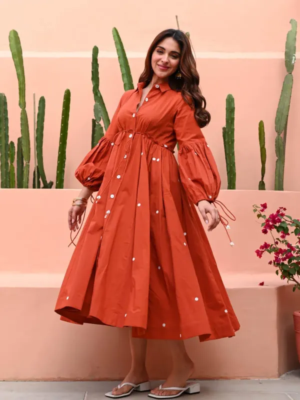 Rust_Orange_Cotton_Fit_Flare_Midi_Dress_With_Puff_Sleeves
