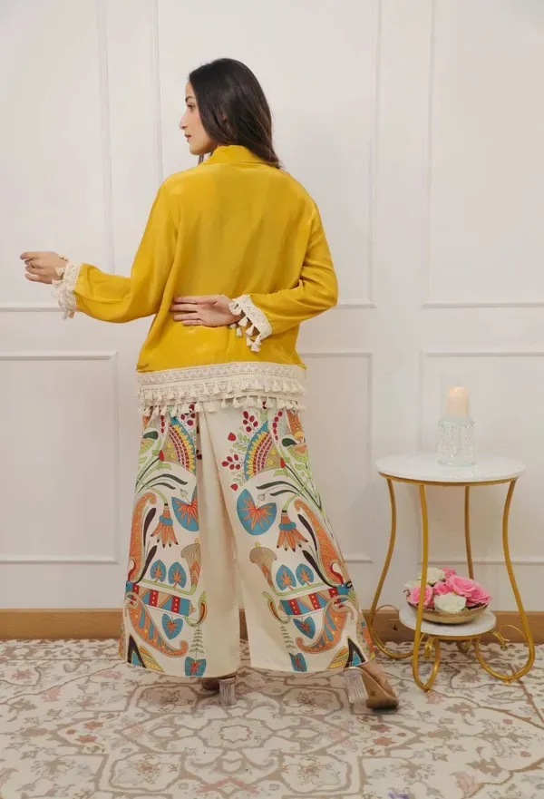 Mustard_Tassel_Kurta_With_Hand_Printed_Palazzo_Pants