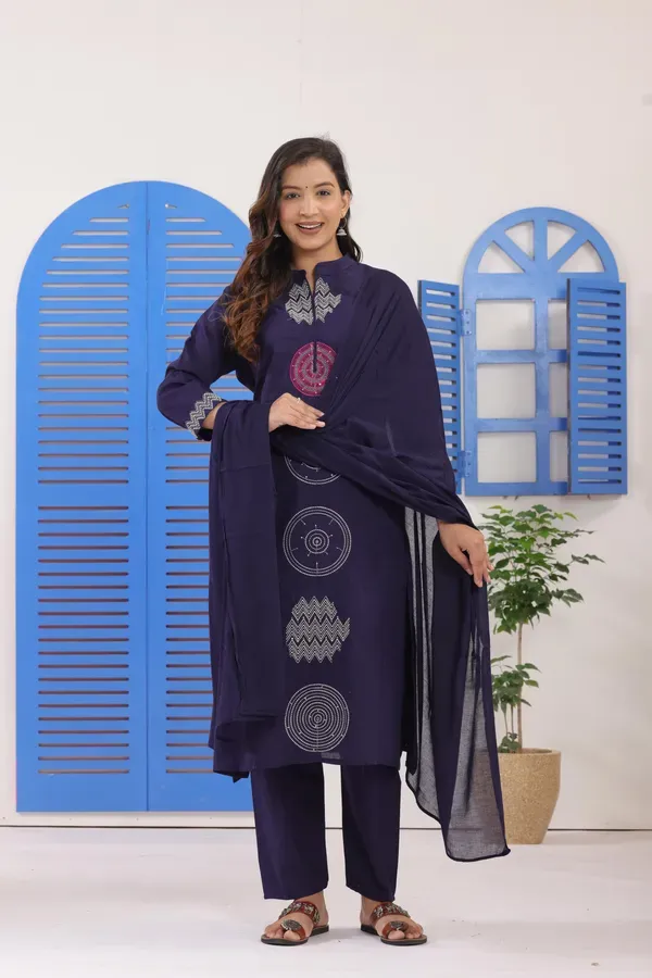 Navy_Blue_Embroidered_Cotton_Kurti_With_Pant_Dupatta_Set_For_Women