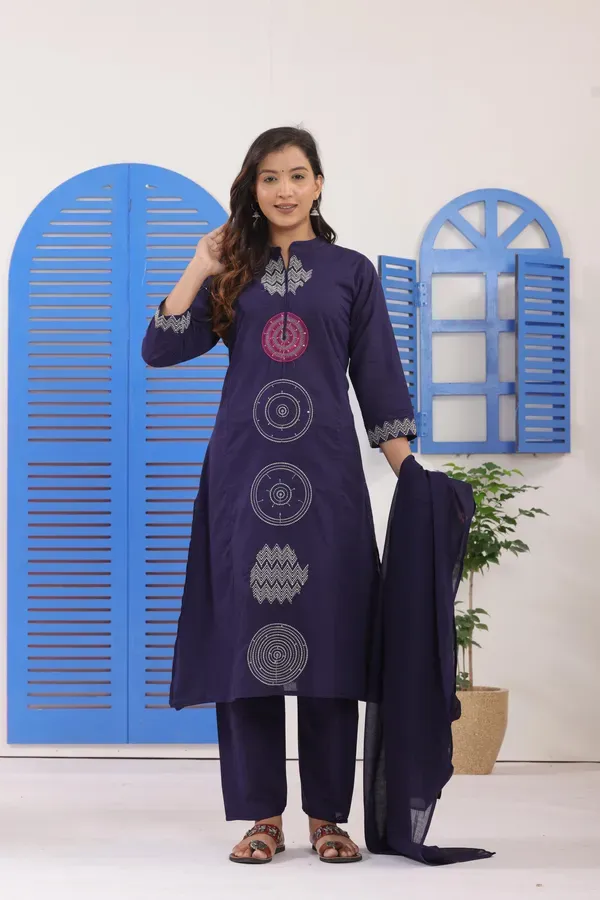 Navy_Blue_Embroidered_Cotton_Kurti_With_Pant_Dupatta_Set_For_Women
