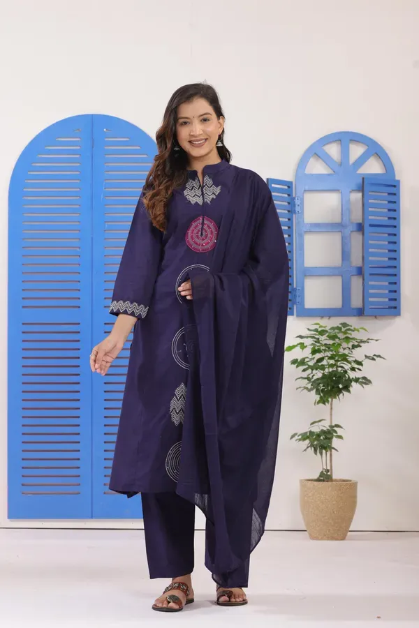 Navy_Blue_Embroidered_Cotton_Kurti_With_Pant_Dupatta_Set_For_Women