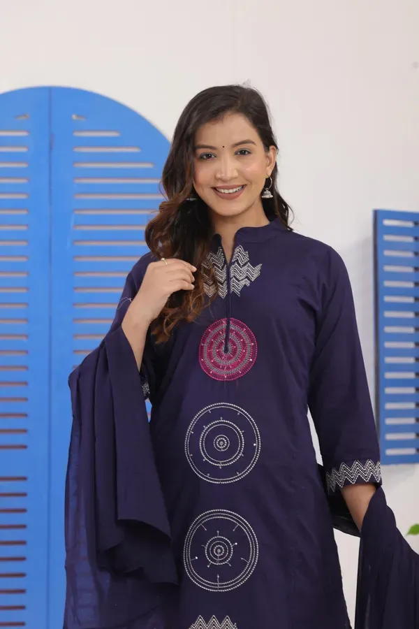 Navy_Blue_Embroidered_Cotton_Kurti_With_Pant_Dupatta_Set_For_Women