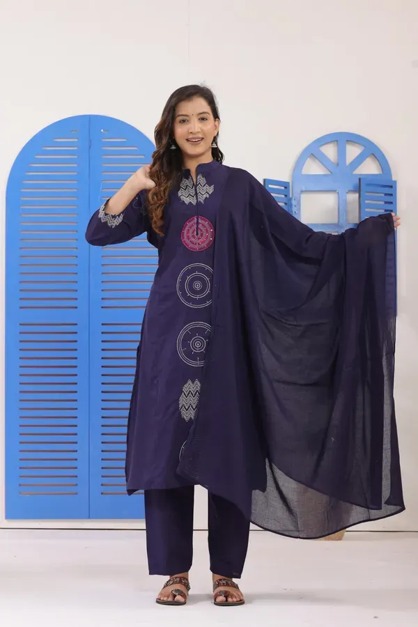 Navy_Blue_Embroidered_Cotton_Kurti_With_Pant_Dupatta_Set_For_Women