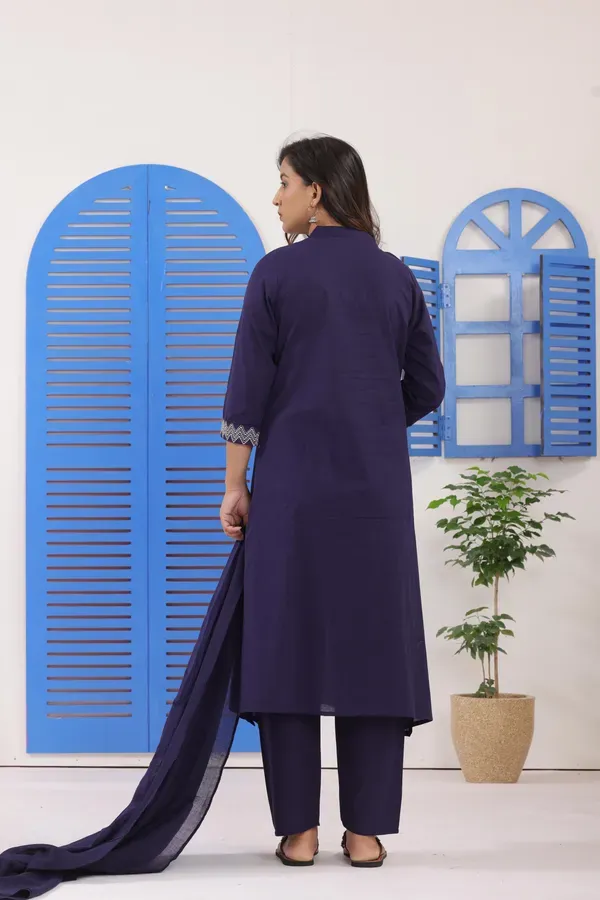 Navy_Blue_Embroidered_Cotton_Kurti_With_Pant_Dupatta_Set_For_Women