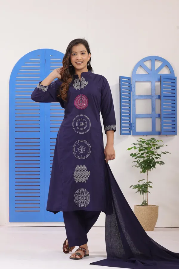 Navy_Blue_Embroidered_Cotton_Kurti_With_Pant_Dupatta_Set_For_Women